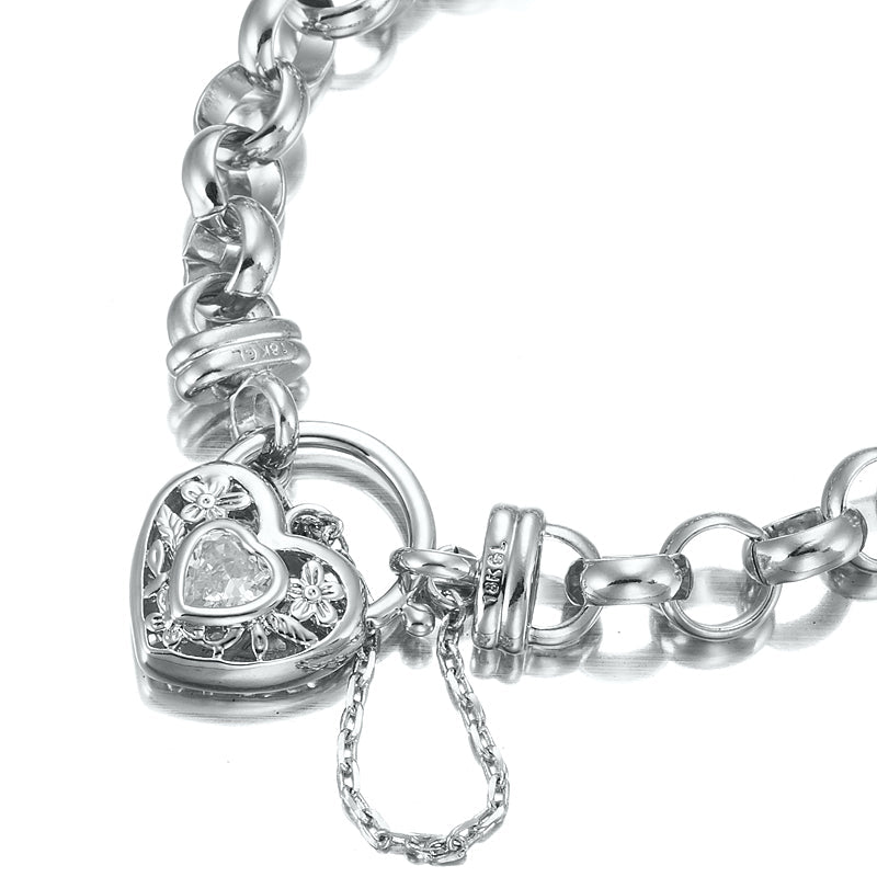 925 Sterling Silver Plated 10mm Belcher Chain Bracelet with a Filigree Locket Featuring a Simulated Diamond - USA Made