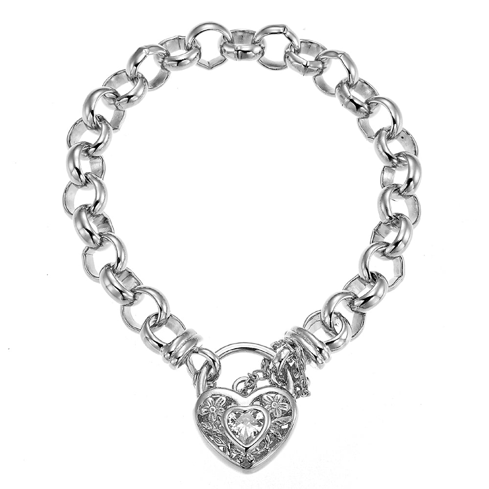 925 Sterling Silver Plated 10mm Belcher Chain Bracelet with a Filigree Locket Featuring a Simulated Diamond - USA Made
