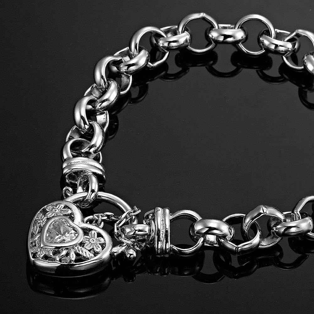 925 Sterling Silver Plated 10mm Belcher Chain Bracelet with a Filigree Locket Featuring a Simulated Diamond - USA Made