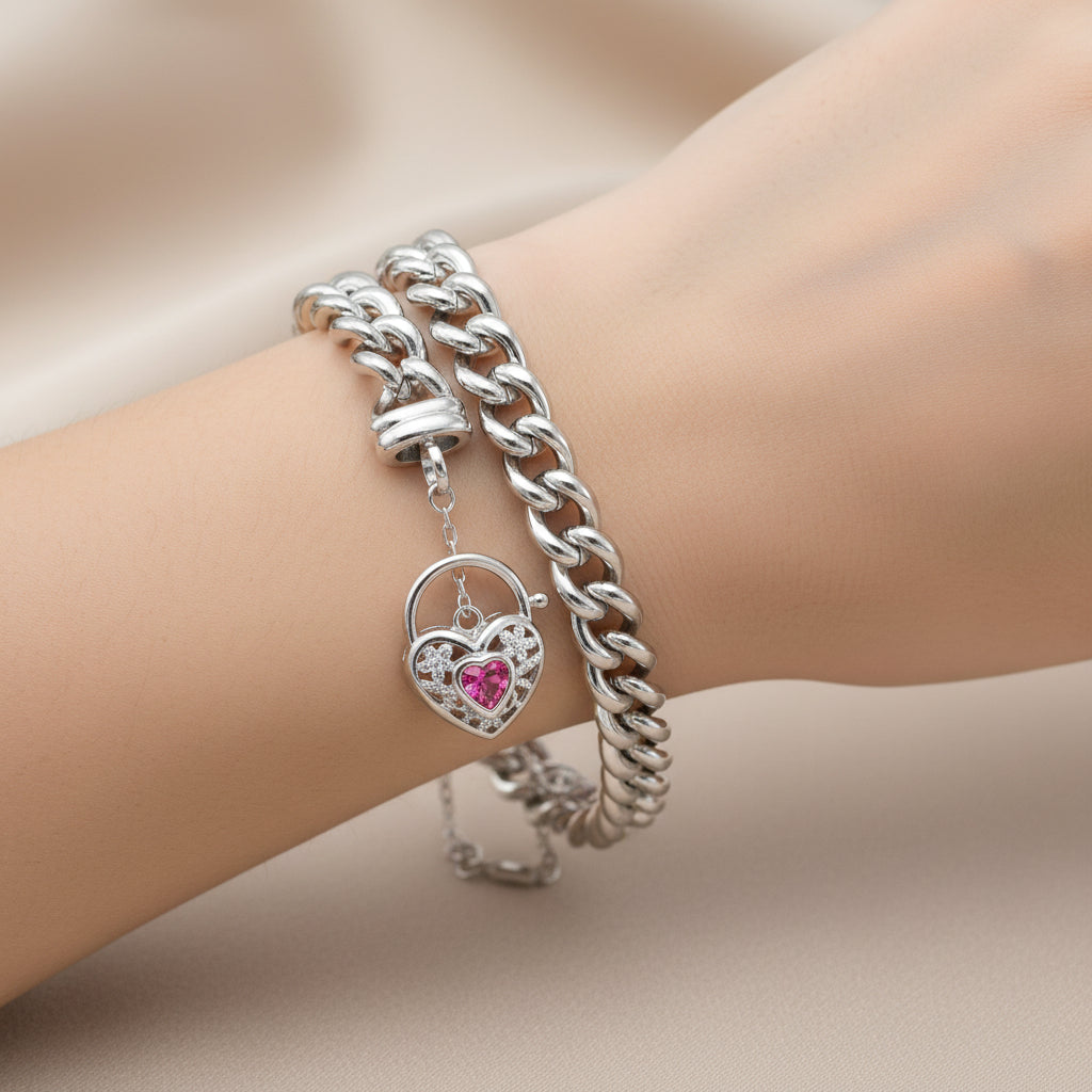 925 Sterling Silver Plated 12mm Euro Curb Chain Bracelet with a Pink Filigree Locket - USA Made-1