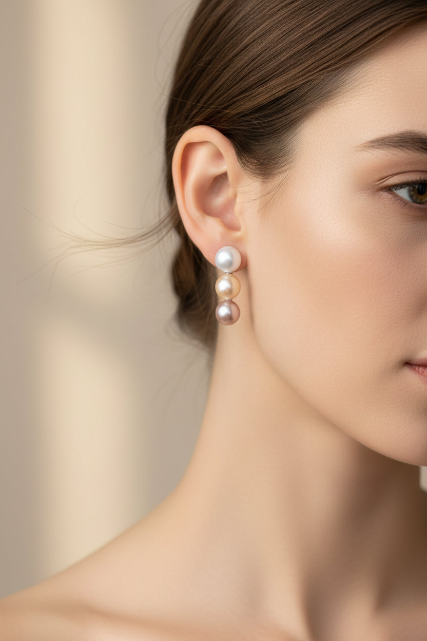 Genuine Freshwater Pearl Triple Drop Stud Earrings-3