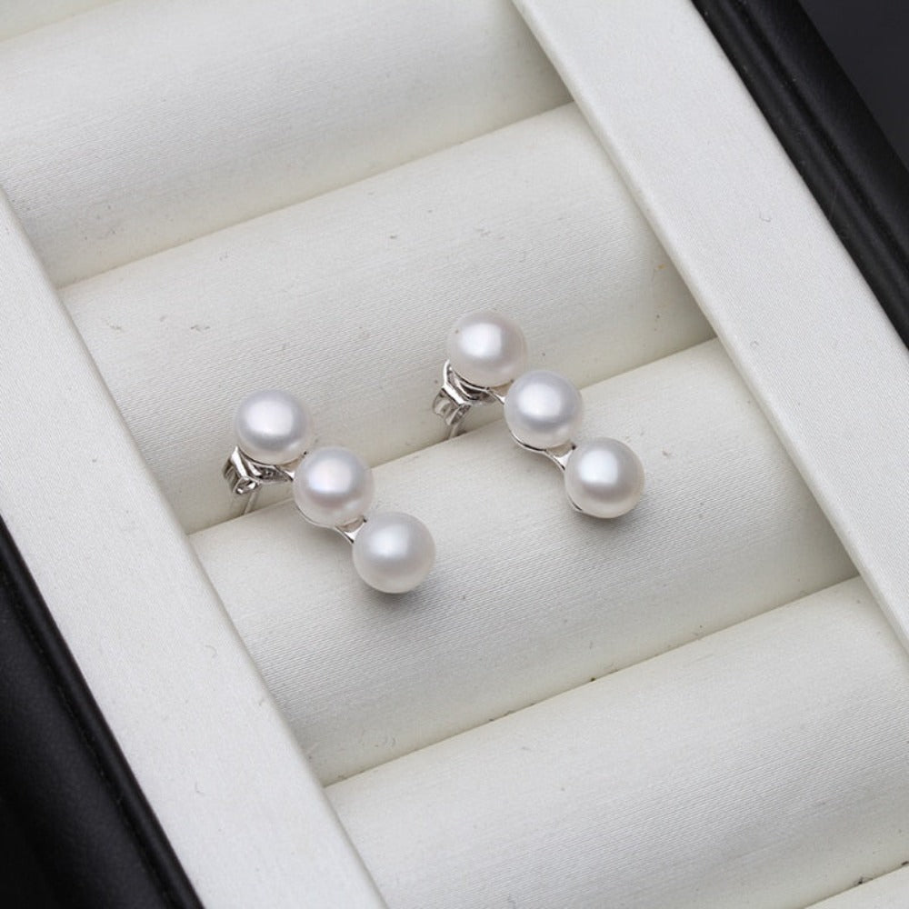 Genuine Freshwater Pearl Triple Drop Stud Earrings-0