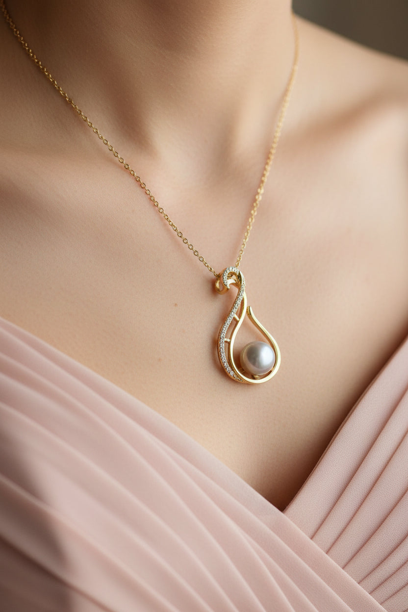 Designer Freshwater Pearl Twirl Simulated Diamond Necklace in Gold-4
