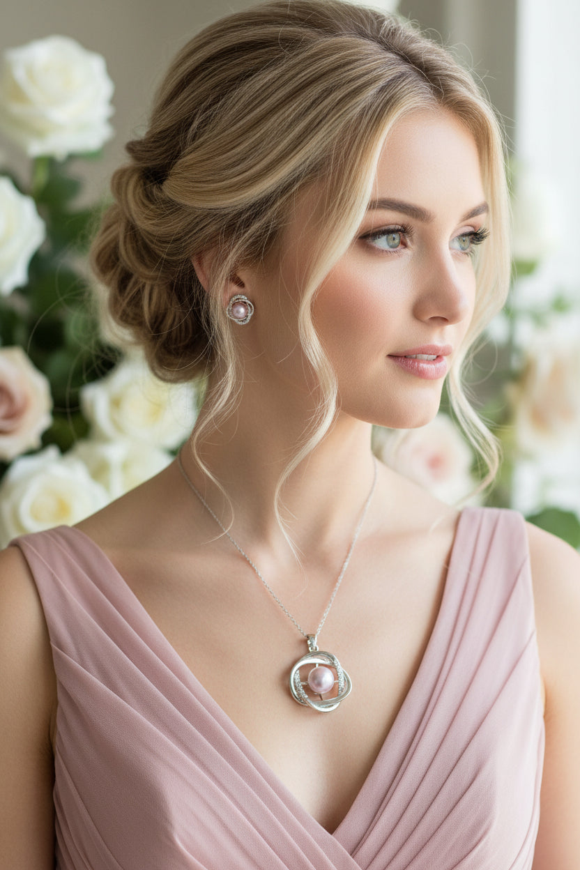 Genuine Freshwater Pearl & Simulated Diamond Earring & Necklace Set-3