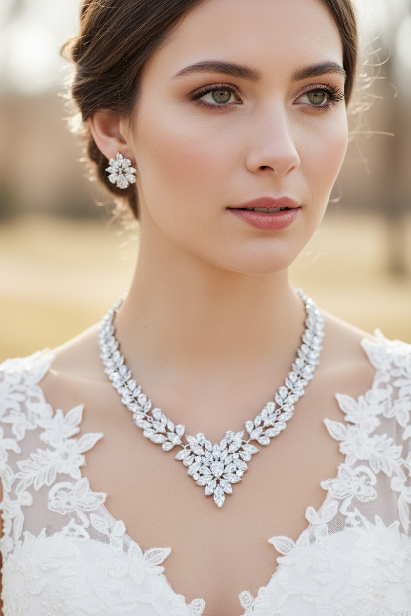 Bride wearing the Ice Flower crystal zircon necklace and earring set