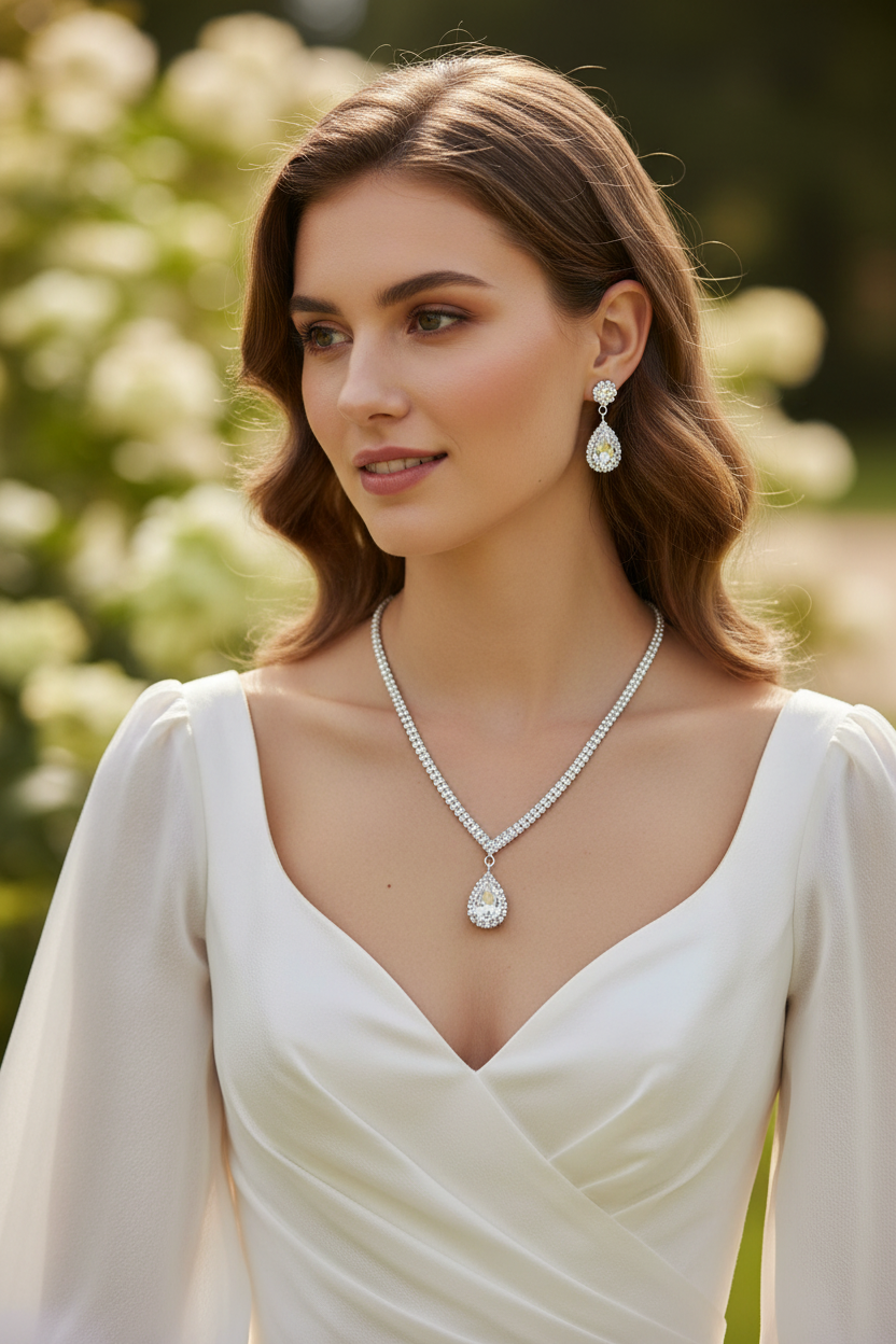 Bride wearing the white crystal teardrop necklace and earring set