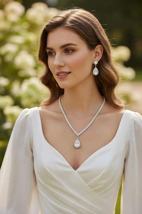 Bride wearing the white crystal teardrop necklace and earring set