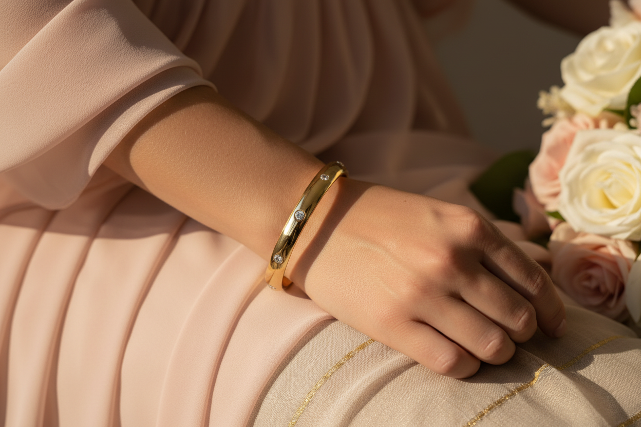 Bridesmaid wearing Zircon Ring Bracelet in Gold