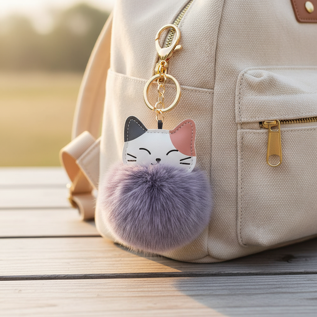 Cute Cat Faux Rex Rabbit Fur Ball Keychain