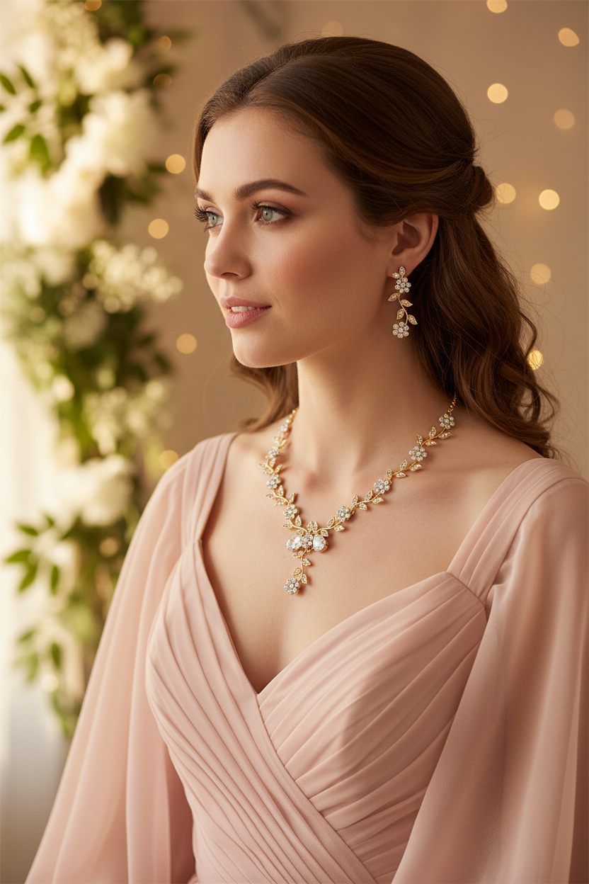 Bridesmaid wearing the Plum Blossom Pearl Jewelry Set gold necklace and earrings