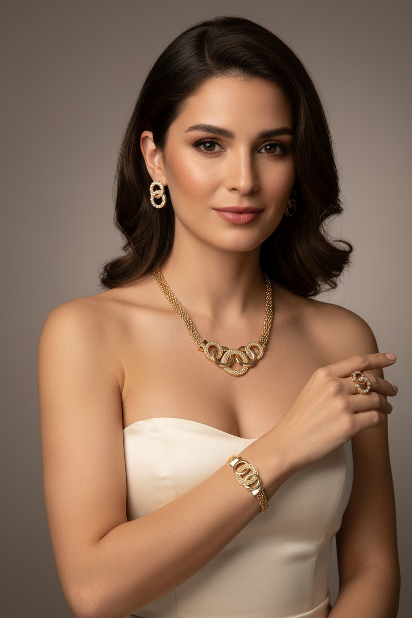 Woman wearing the Diamond-encrusted Section Chain Jewelry Set in gold