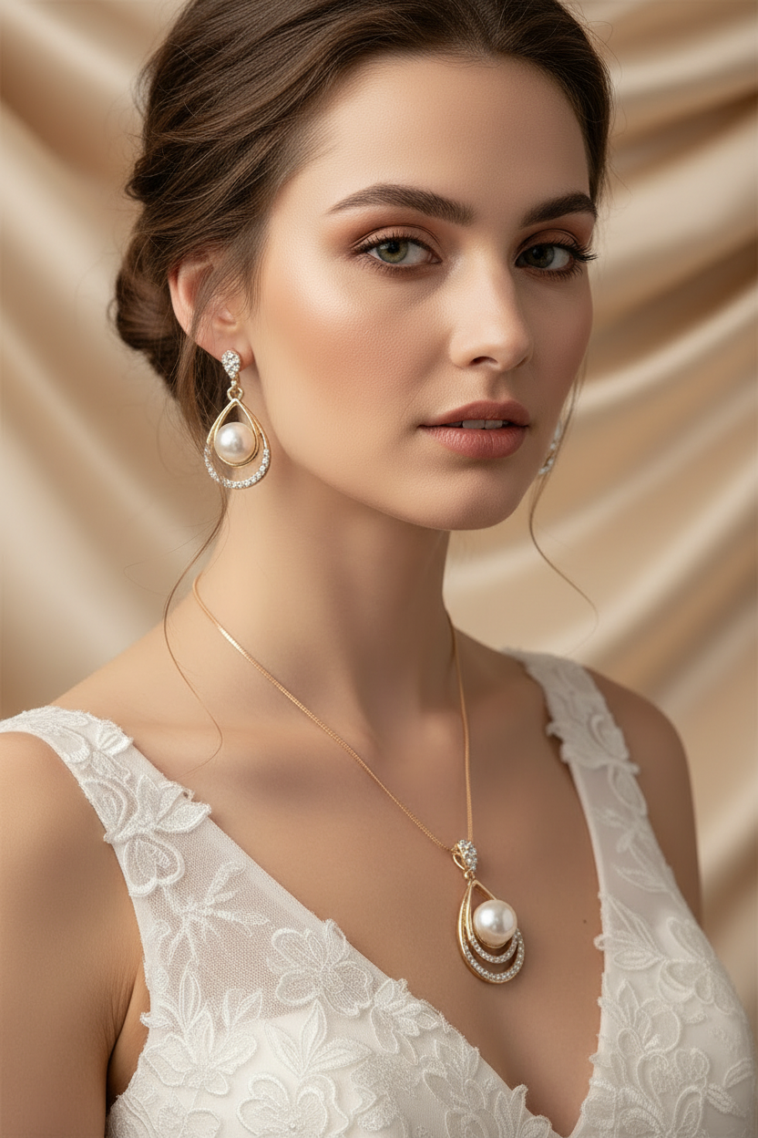 Pearl Teardrop Jewellery Set - Bride with Necklace & Earrings