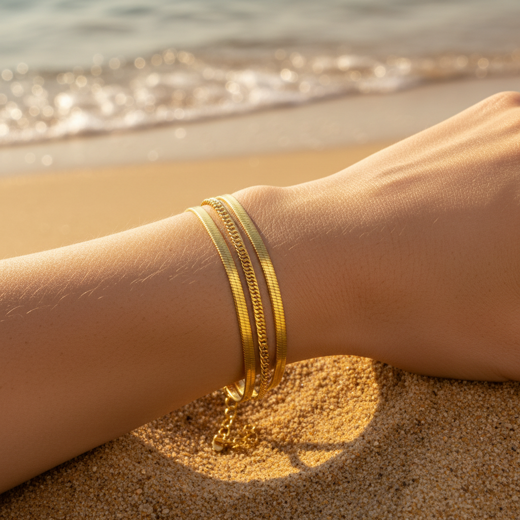 Stainless Steel Gold Plated Triple Layer Snake Chain Bracelet