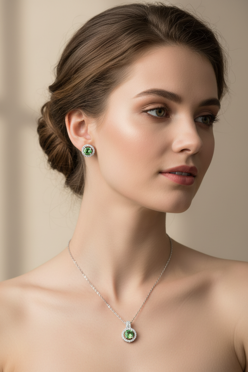 Zircon Disc Necklace & Earrings Set on model